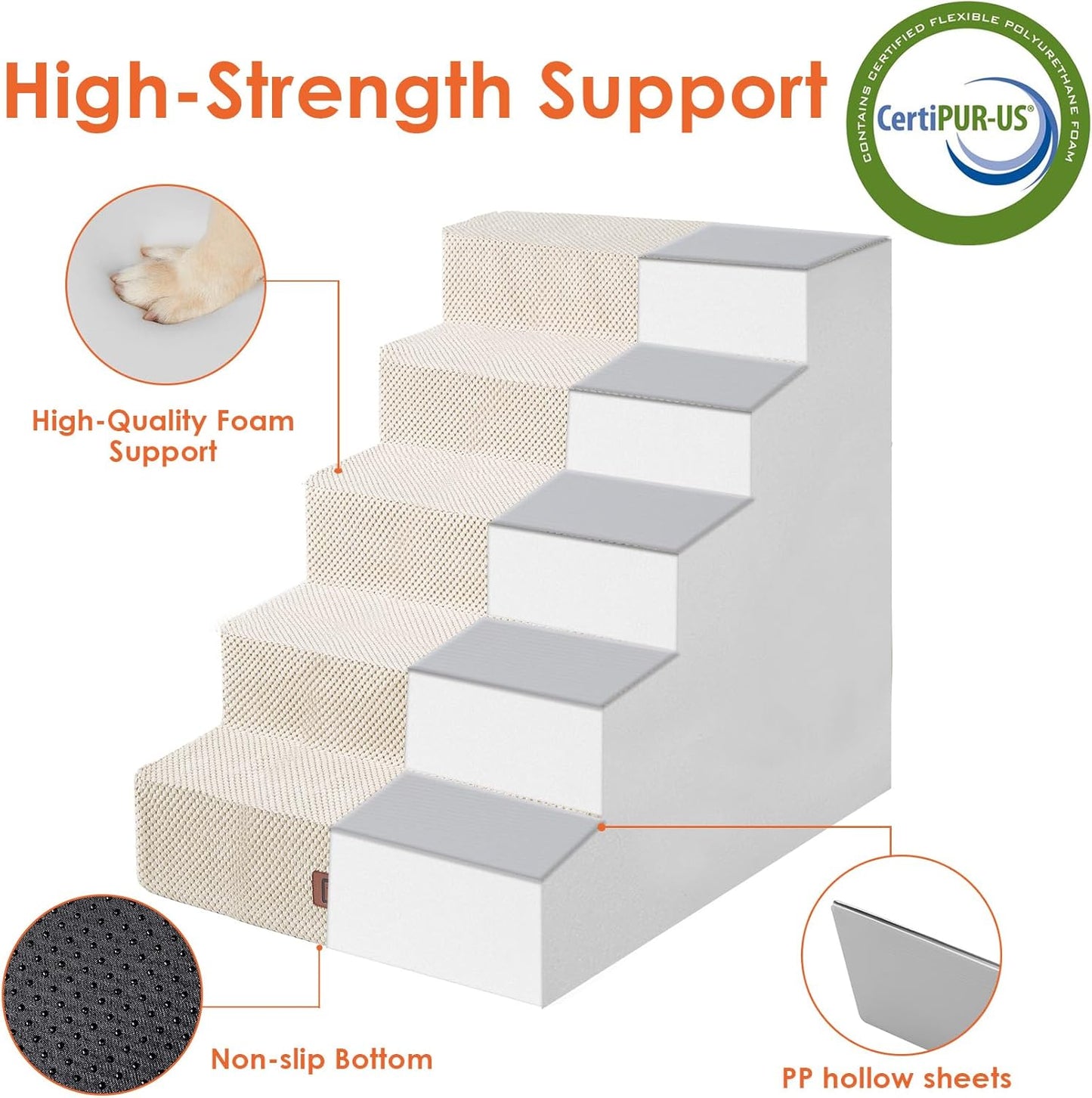 EHEYCIGA Dog Stairs for High Bed 25" H, 5-Step Extra Wide Dog Steps for Bed, Pet Steps for Small Dogs and Cats, Non-Slip Balanced Pet Ramp Indoor, Beige