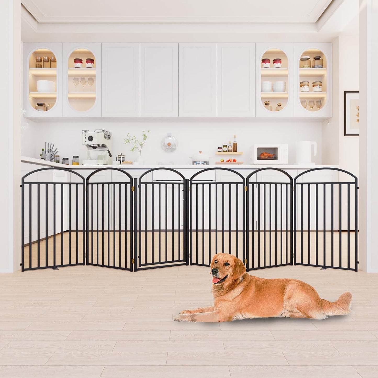 6 Panles Full Matel Freestanding Dog Gates with Door, 144"Extra Wide 36"Tall Free Standing Dog Pet Gate for Indoor & Outdoor. Foldable Pet Fences for Doorways, House, Stairs, Porch, Deck, Yard