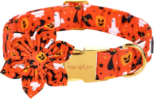Unique style paws Halloween Dog Collar with Flower Tie Cotton Adjustable Puppy Collar for Small Medium Large Dogs-XS