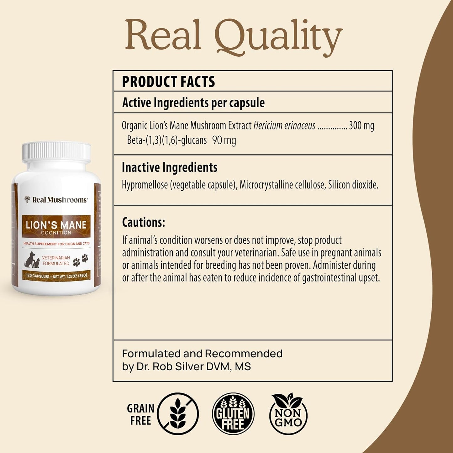 Real Mushrooms Lion’s Mane Pet Mushroom Supplement – Pet Wellbeing Capsules – for Cat & Dog Supplement & Vitamins – Support Mindful Routines – Organic, Vegan, Non-GMO, 120 Count