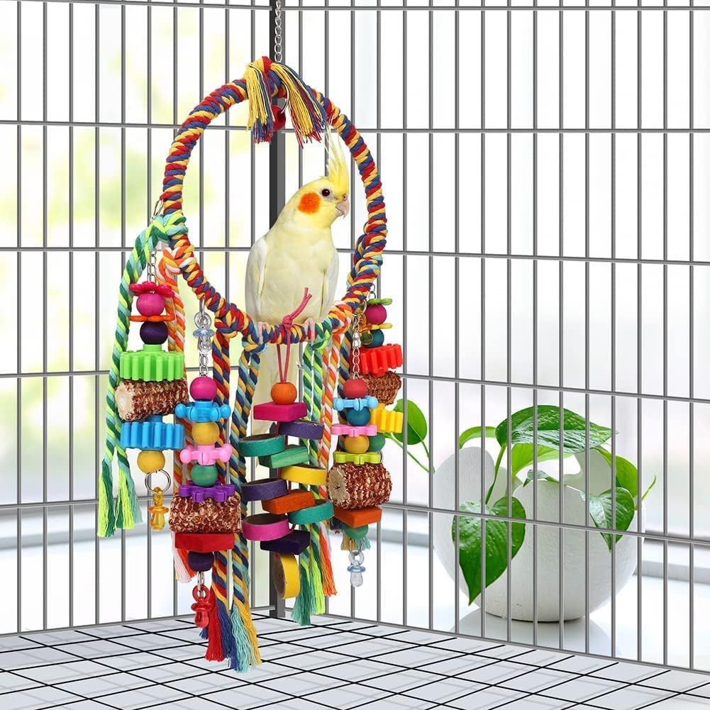 Bird Toys Bird Rope Ring Swing Perch with Corn Cob Cardboard Bagels Wooden Blocks Chewing Toys for Parakeets,Cockatiels,Conure,Lovebirds,Finches and Other Small-Sized Birds