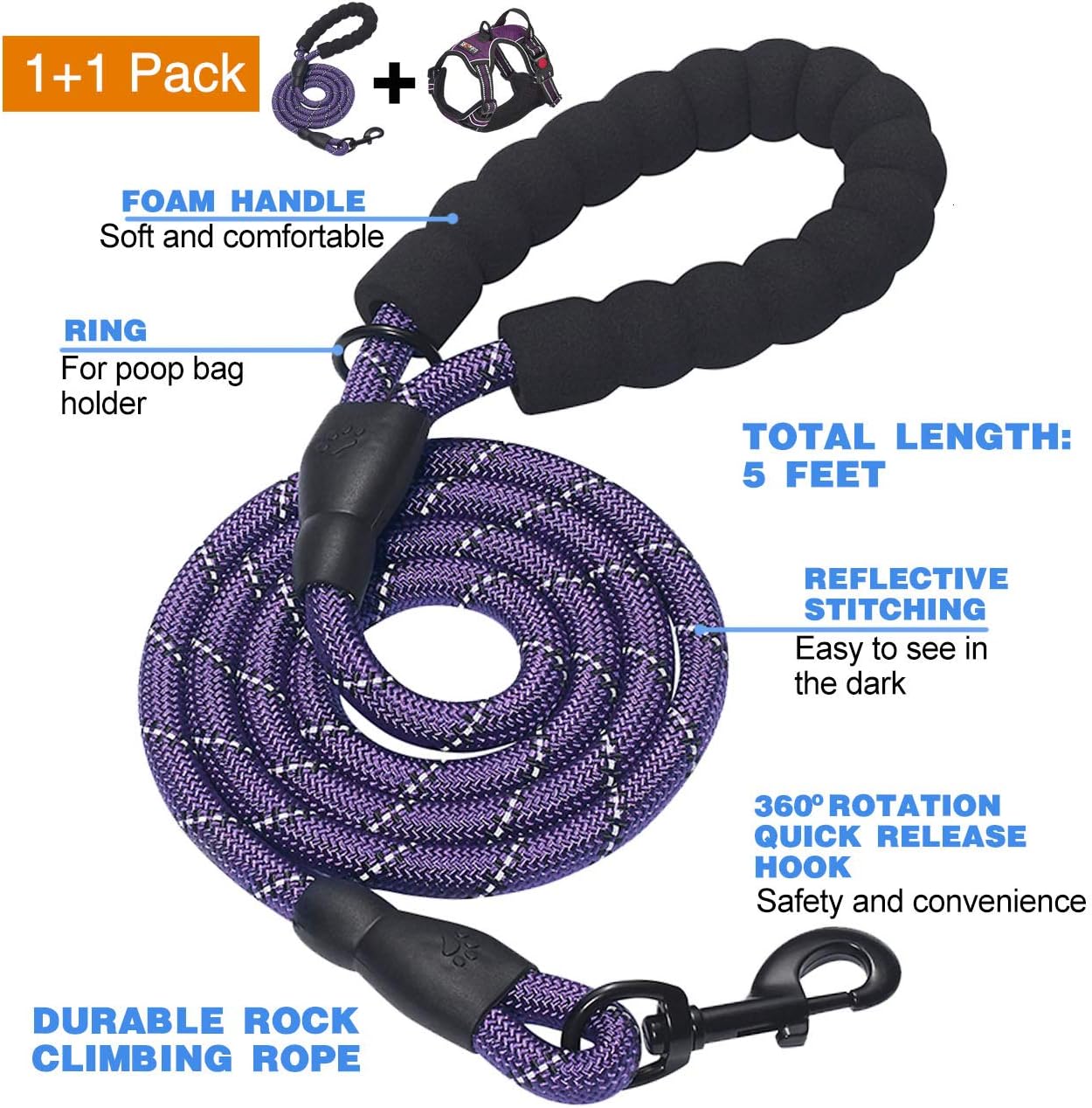 No Pull Dog Harness Adjustable Reflective Oxford Easy Control Medium Large Dog Harness with A Free Heavy Duty 5ft Dog Leash (L (Chest: 25.5"-31"), Purple Harness+Leash)
