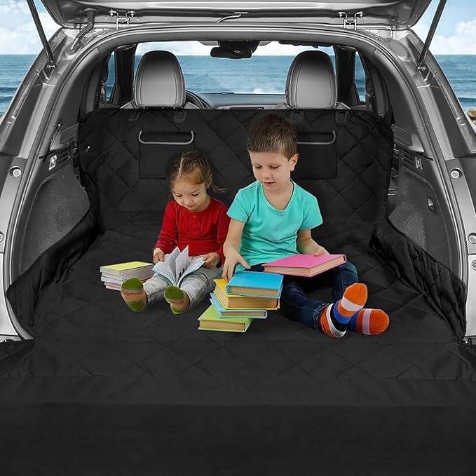 F-color SUV Cargo Liner for Dogs, Waterproof Pet Cargo Cover Dog Seat Cover Mat for SUVs Sedans Vans with 2 Large Pockets, Non-Slip, Large Size Universal Fit, Black