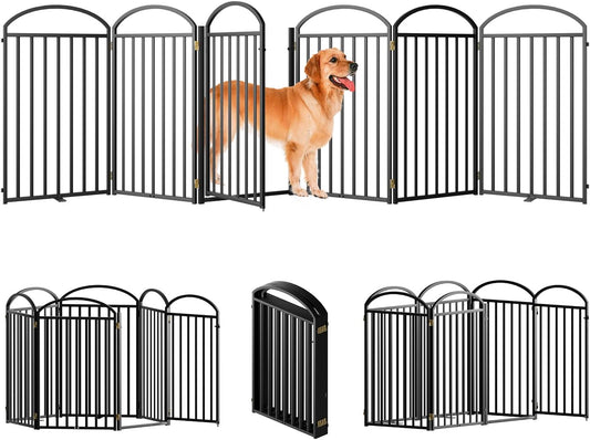 6 Panles Full Matel Freestanding Dog Gates with Door, 144"Extra Wide 36"Tall Free Standing Dog Pet Gate for Indoor & Outdoor. Foldable Pet Fences for Doorways, House, Stairs, Porch, Deck, Yard