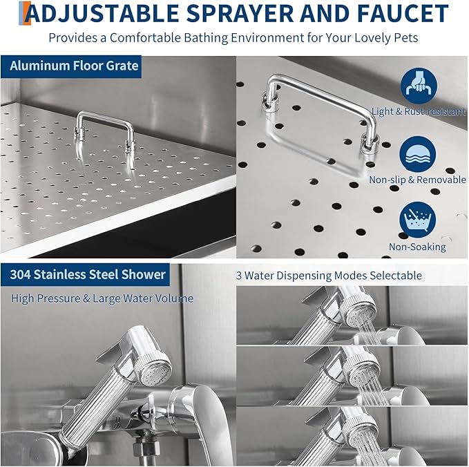 Stainless Steel Dog Washing Station - Dog Bath Tub for Large, Medium, Small Dogs, Pet Grooming Tub with Ramp, Non-Slip Grate, Shower, Soap Box, Faucet, Drain for Home & Outdoor （Right RAMP, 50"）