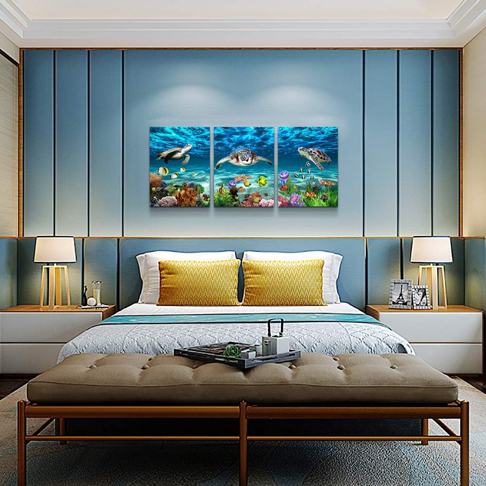 Canvas Wall Art for Living Room Large Size Wall decor for Bedroom Bathroom Wall Decoration blue Ocean Sea Turtle Paintings Modern shark Pictures Artwork office Decor Ready to Hang 16" x 24" 3 Piece