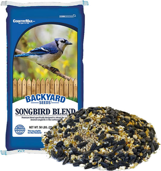 CountryMax Backyard Seeds Songbird Blend Wild Bird Seed – 50 lb Bag – Premium Mix with Sunflower Seeds, Safflower, Peanuts, Millet – Attracts Cardinals, Finches, Chickadees, and More