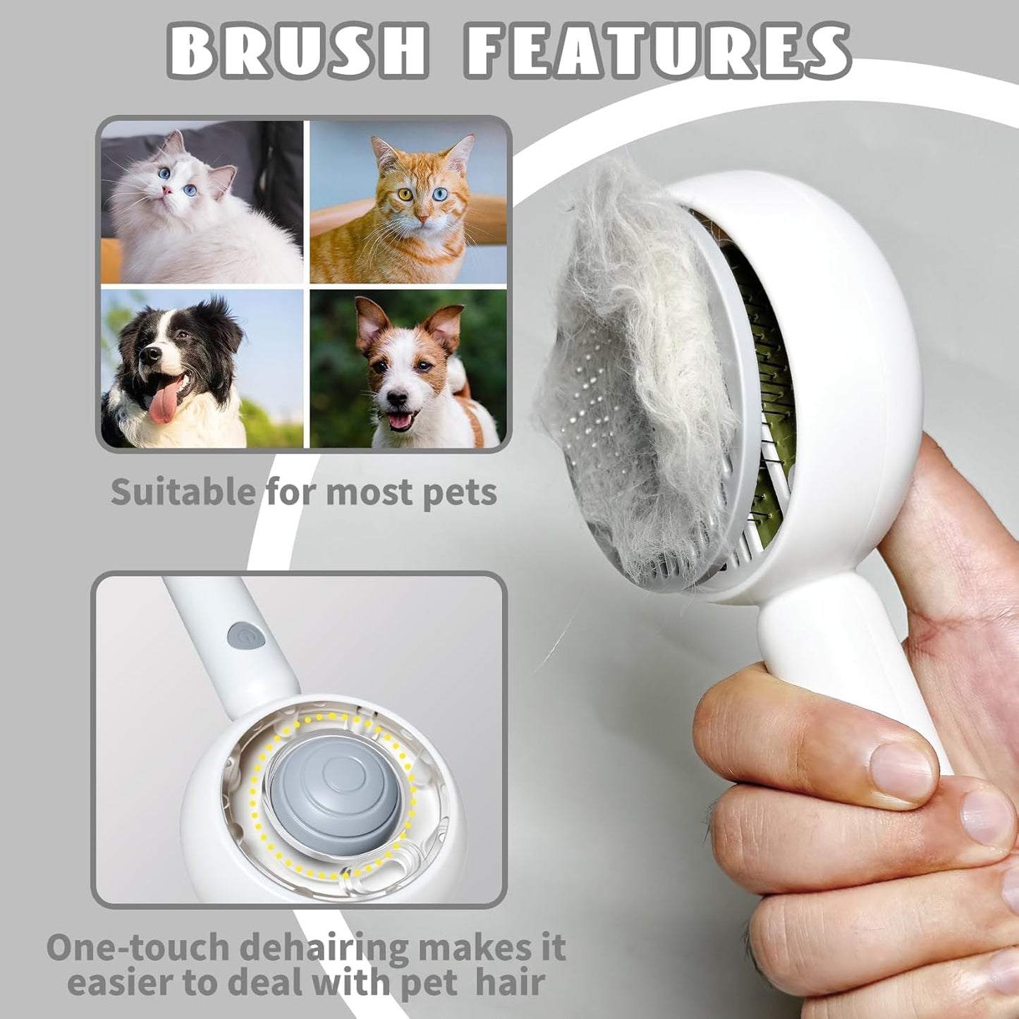 3-in-1 Steam Brush for Cats & Dogs – Hair Removal Comb with One-Click Release & Water Spray – Grooming Brush for Shedding, Long/Short Hair (white brushs-grey)