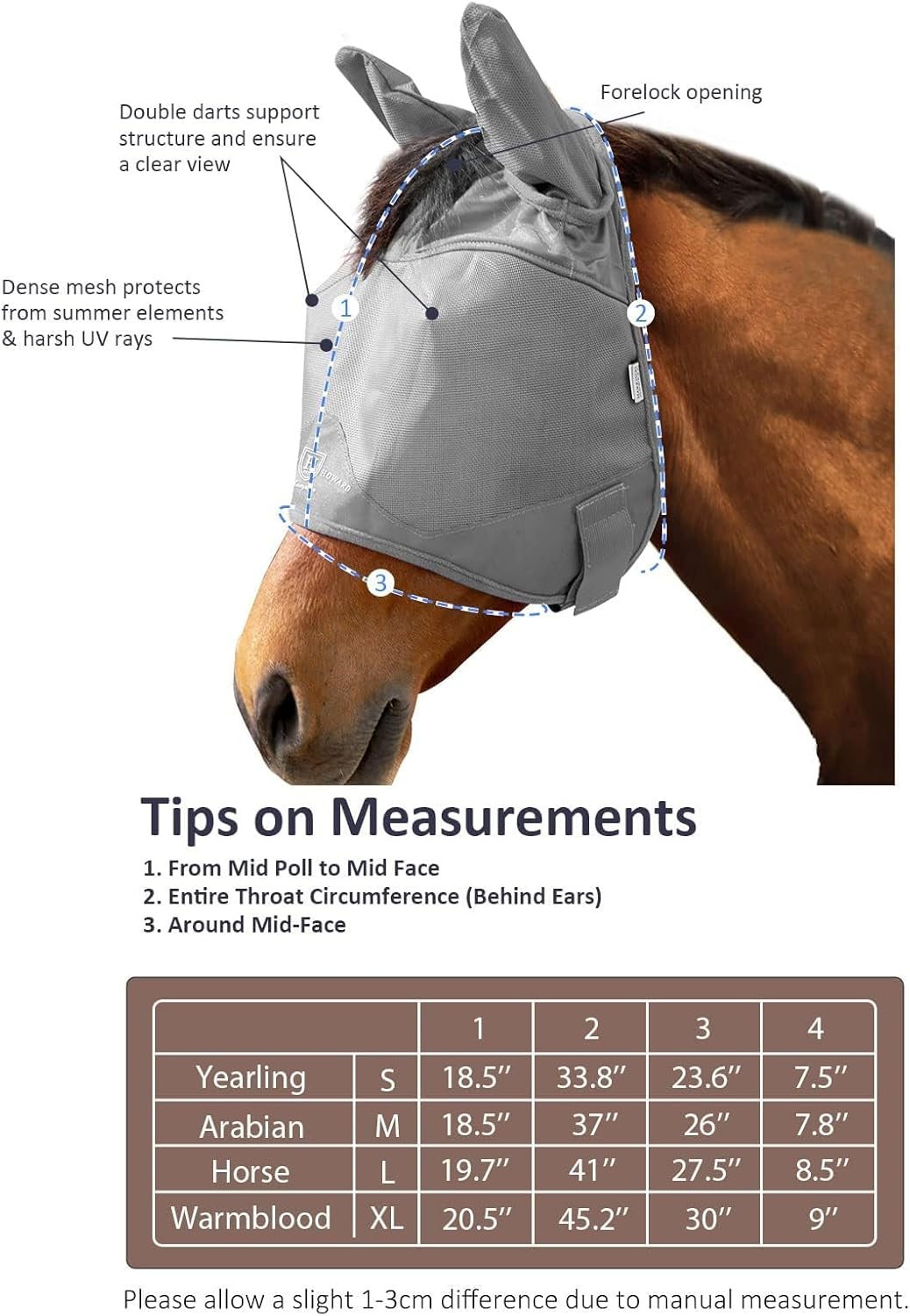 Harrison Howard UV-proof Multi-Function Fabrics Thick Fleece Padding Horse Fly Mask Half Face with Ears Original Grey Horse Large