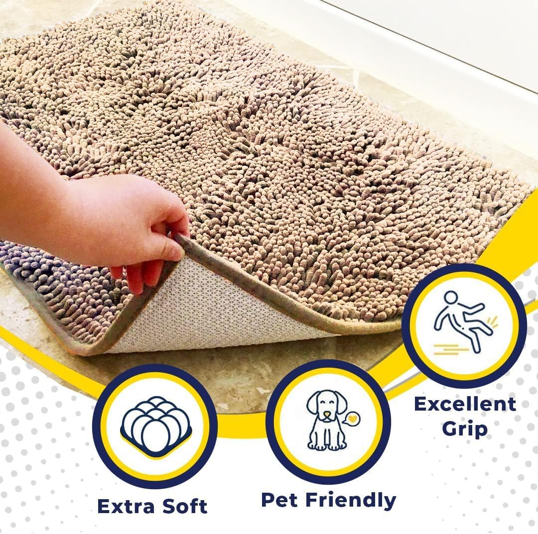 Muddy Mat® AS-SEEN-ON-TV Highly Absorbent Microfiber Door Mat and Pet Rug, Non Slip Thick Washable Area and Bath Mat Soft Chenille for Kitchen Bathroom Bedroom Indoor and Outdoor - Beige 6ft x 9ft