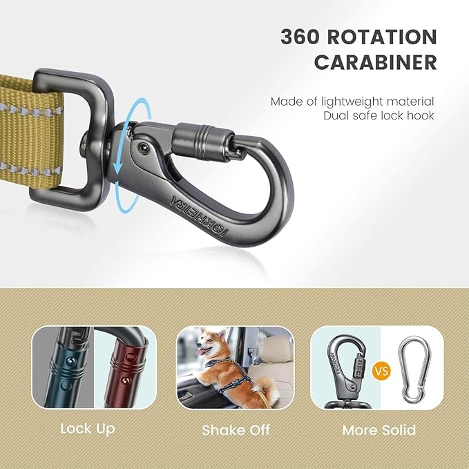 IOKHEIRA Dog Seat Belt 3-in-1 Car Harness for Dogs Adjustable Safety Seatbelt for Car Durable Nylon Reflective Bungee Fabric Tether with Clip Hook Latch & Buckle, Swivel Zinc Alloy Carabiner Green