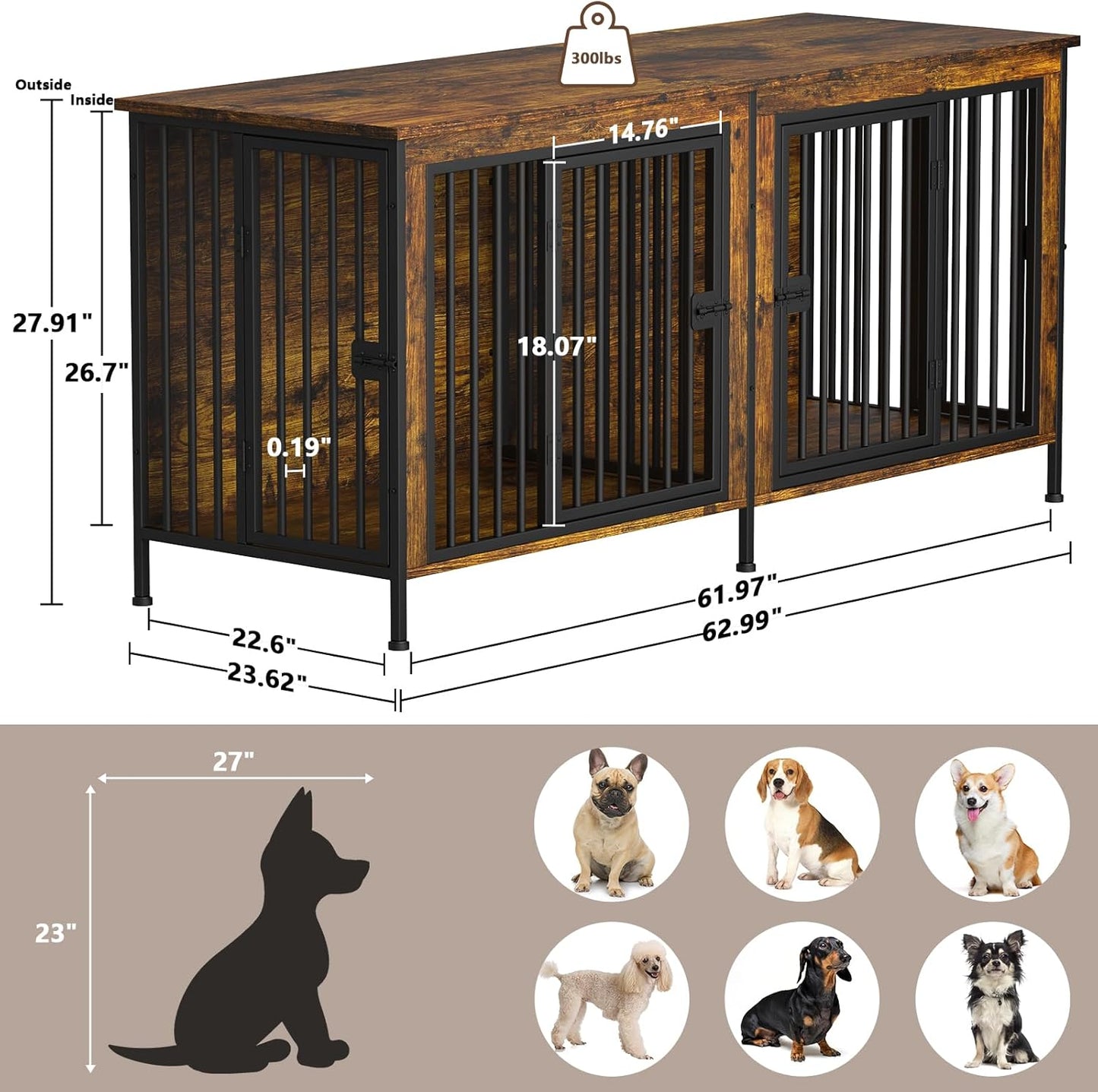 EasyCom 63" Dog Cage Furniture for 2 Pets with Divider, XL Wooden Double Dog Crate Furniture TV Stand for Mideum Breed, Durable and Sturdy