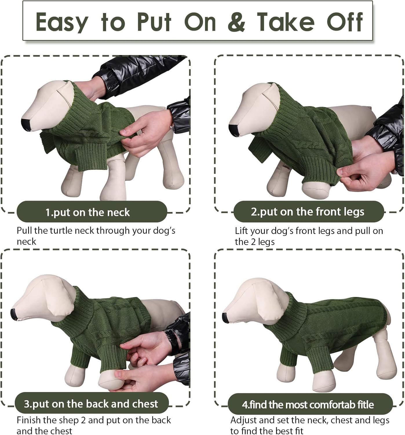 Queenmore Small Dog Pullover Sweater, Cold Weather Cable Knitwear, Classic Turtleneck Thick Warm Clothes for Chihuahua, Bulldog, Dachshund, Pug (Army Green, Large)