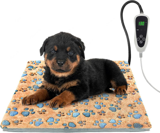 Cat Heating Pad，18×18 In Dog Heated Bed Smart Temperature Control Switch, Metal Protective Pipe Waterproof PVC Cat Beds For Indoor Cats With a Plush Cotton Cover，Heat Lamp For Puppies - Apricot