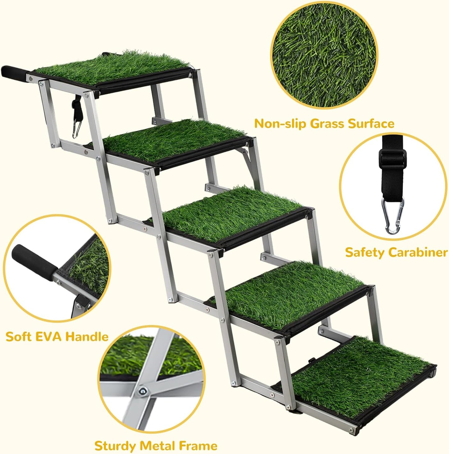 Dog Stairs for Car, Portable Folding Dog Ramps,Dog Steps for Large Dogs with Non-Slip Grass Rug for Cars, SUV, Trucks, Lightweight Pet Ramp Supports Up to 200 lb, 5 Steps