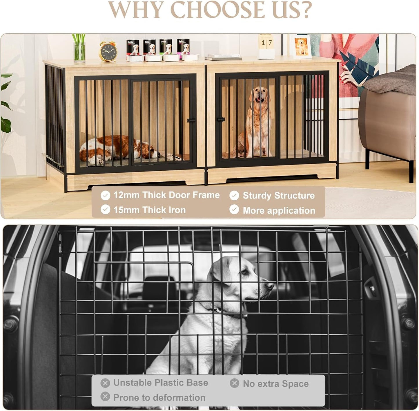 Furniture Dog Crate for Large Dogs, 75" Double Door Heavy Duty Dog Kennel with Removable Divider, XXL Wooden Dog Crate TV Stand, End Table, Pet Crate Cabinet for Home Decor