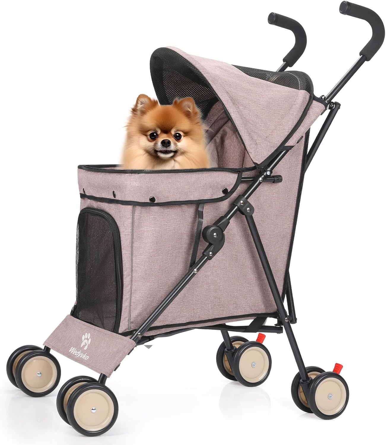 Umbrella Dog Stroller, 4 Wheels Pet Strolling, Foldable Carrier Pet Stroller for Small Dogs Cats, with Carrying Strap and Cup Holder, Dog Poop Bags & Dispenser, Up to 33 lbs, Coffee