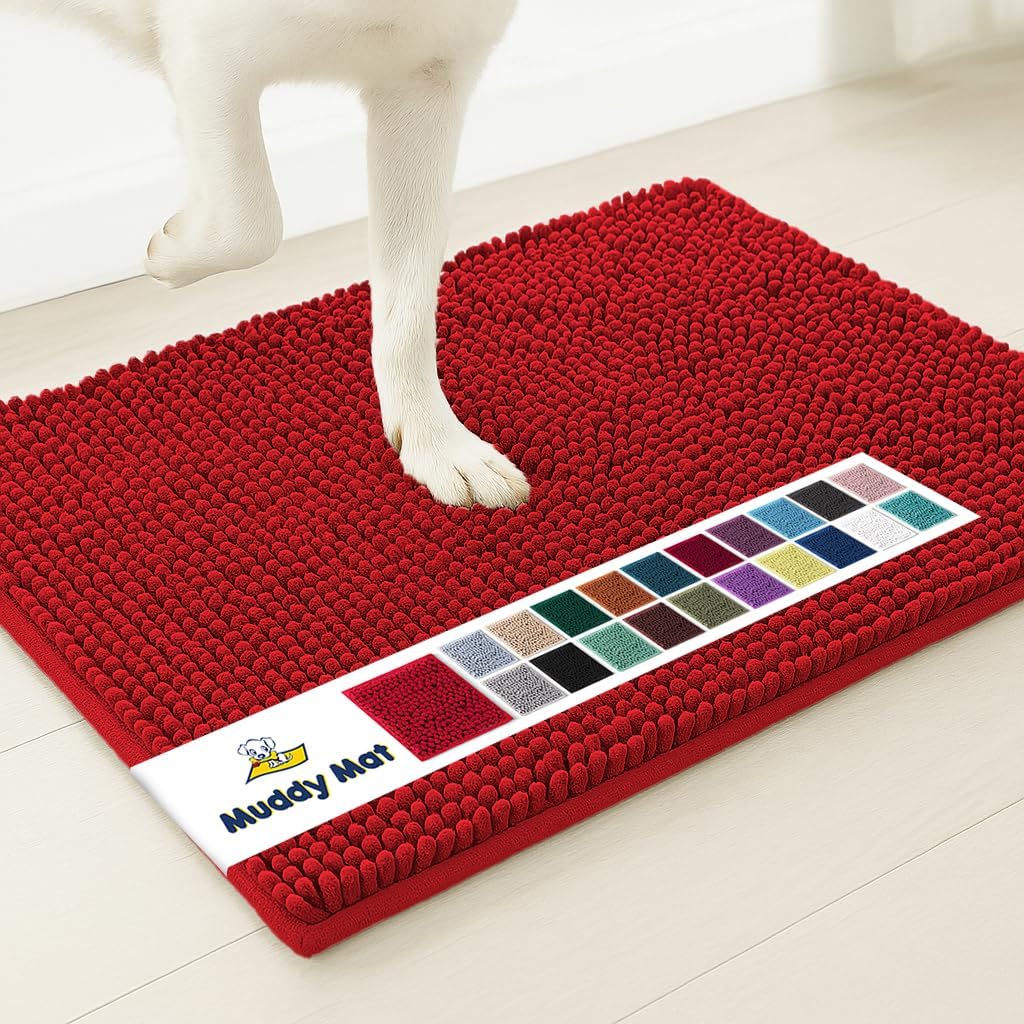 Muddy Mat® AS-SEEN-ON-TV Highly Absorbent Microfiber Door Mat and Pet Rug, Non Slip Thick Washable Area and Bath Mat Soft Chenille for Kitchen Bathroom Bedroom Indoor and Outdoor - Red 24" x 72"