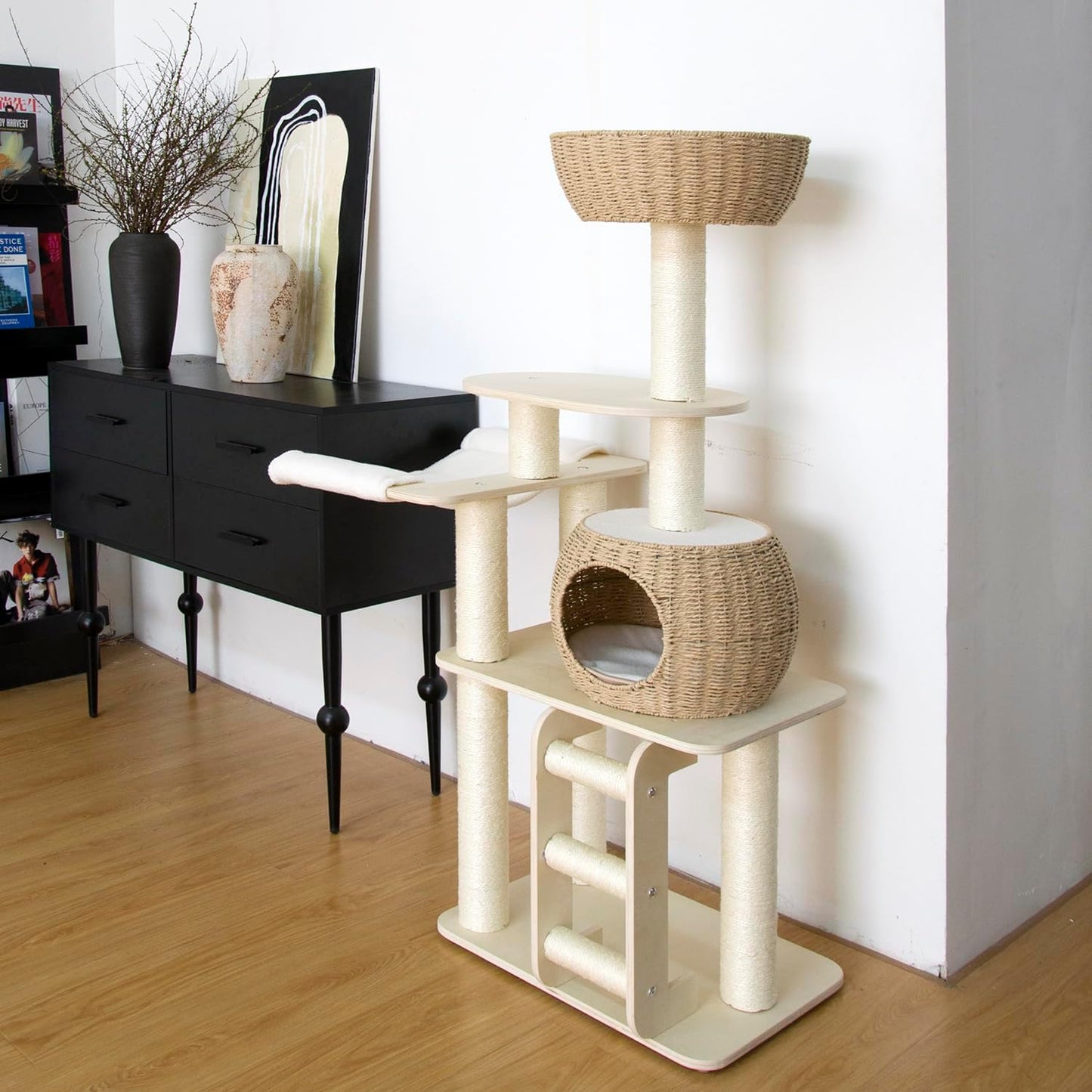 54 Inch Cat Tree for Indoor Cats, Tall Wooden Cat Tower with Scratching Posts, Rattan Condo and Perch, Multi-Level Cat Climber, Stylish Pet Furniture