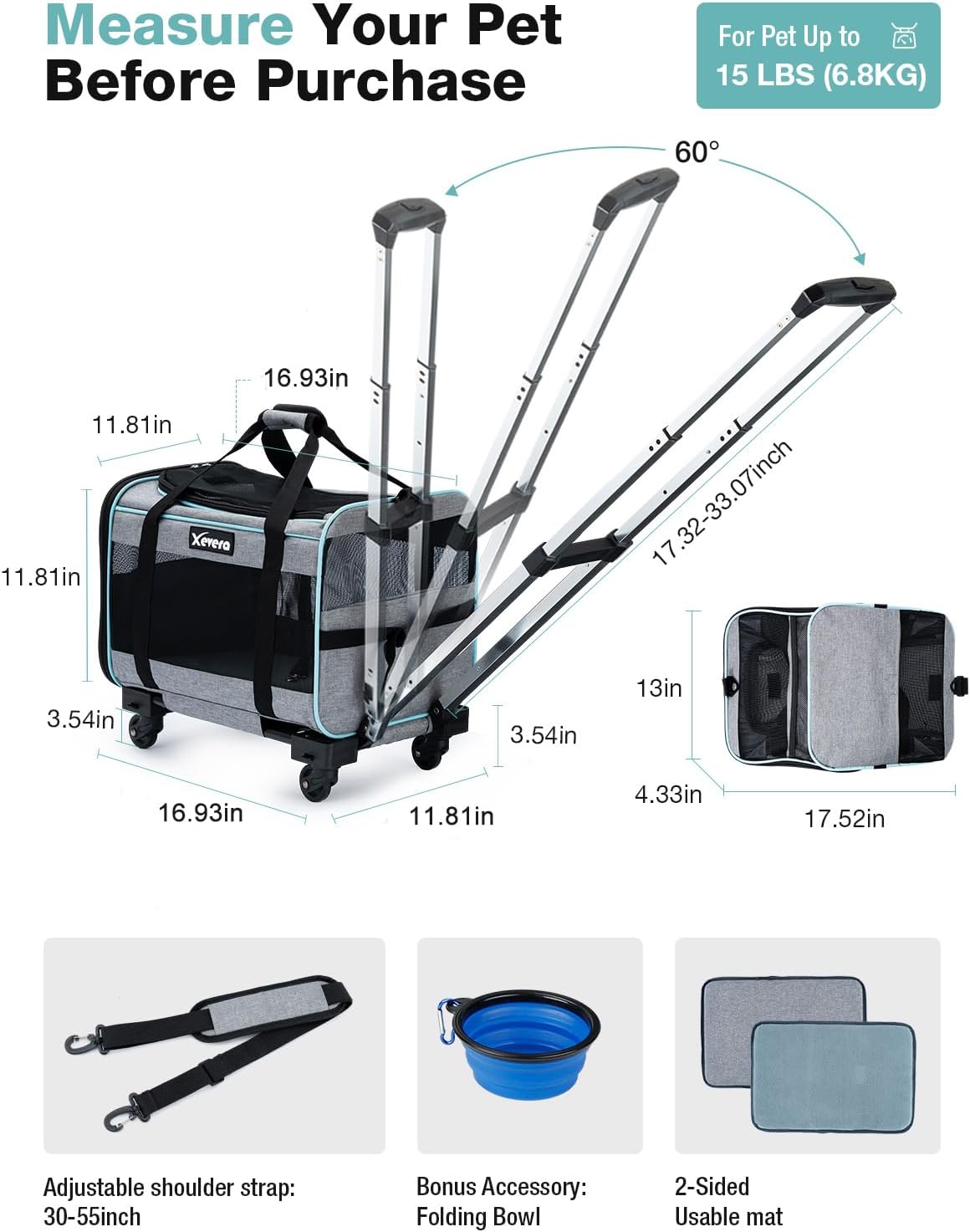 Cat Dog Carrier with Wheels Airline Approved Rolling Pet Carrier with Telescopic Handle, Shoulder Strap and Pet Bowl, Grey