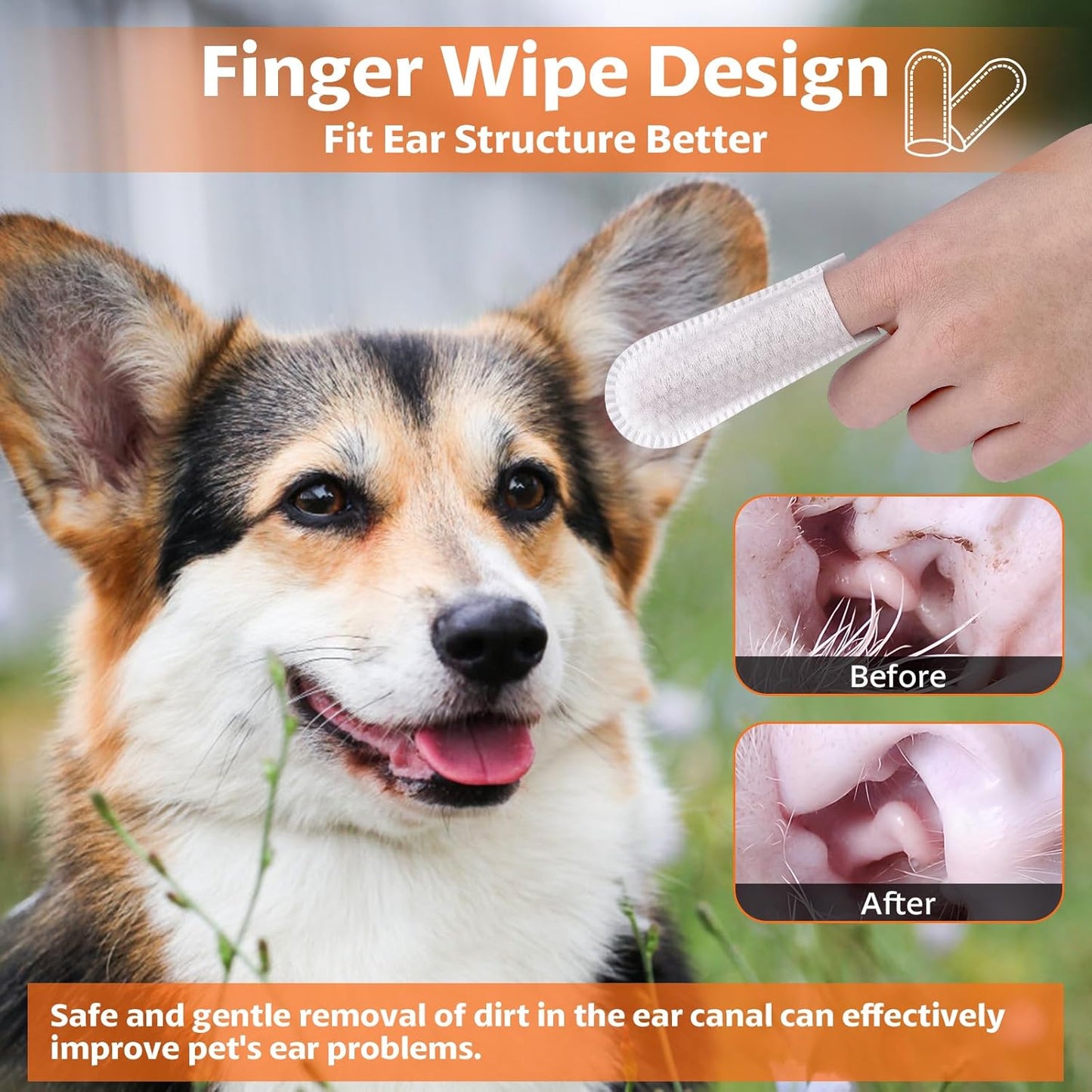 OBSEDE Dog & Cat Ear Wipes, Finger Sleeve Design for Gentle Wax & Dirt Reduce, Odor Control, Fresh Coconut Scent, Easy at-Home Pet Grooming, 120 Count