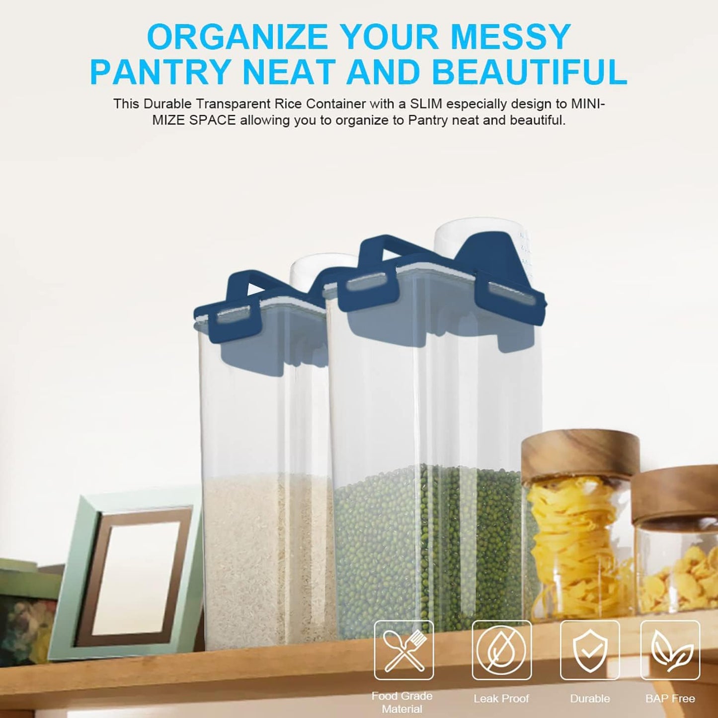 Rice Airtight Dry Food Storage Containers, BPA Free Plastic Storage Bin Dispenser with Pourable Spout, Measuring cup for Cereal, Flour and Baking Supplies Blue