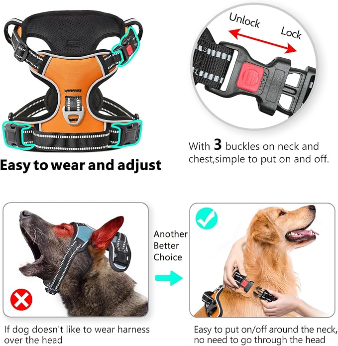 Timos Dog Harness Large Sized, No Pull with Neck Lockable Snap,No Choke Front Clip Dog Reflective Harness,Adjustable Metal Rings 3 Buckles,Easy Control Handle for Large Dogs Orange XL