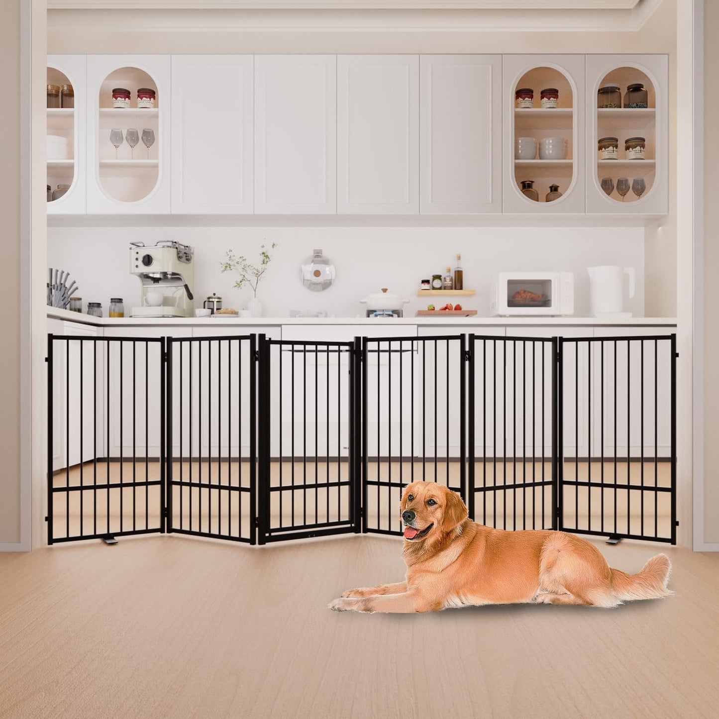 Full Metal Freestanding Dog Gate with Door, 36''Height Foldable Pet Dog Fence for Indoor & Outdoor, 6 Panels Extra Wide Free Standing TallDog Gates for Doorways,House,Stairs,Porch,Deck,Yard