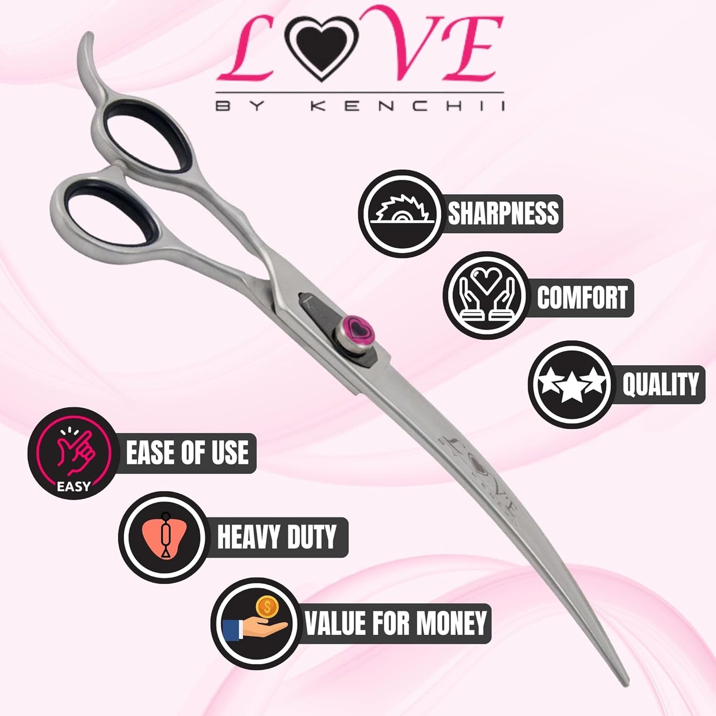 Kenchii Love Left Handed Dog Grooming Scissors, 8 Inch Curved Shears, Dog Scissors for Grooming, Professional Pet Grooming Scissors, Ergonomic & Comfortable