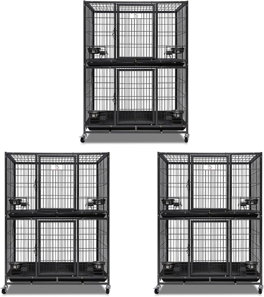 Homey Pet Two Tiers 37 Inch Dog Crate Cage Kennel with Feeding Door and Bowls, Lockable Wheels and Removable Tray, Escape Proof Metal Wire Heavy Duty Dog Crates for Medium/Small Sized Dogs (3 Pack)