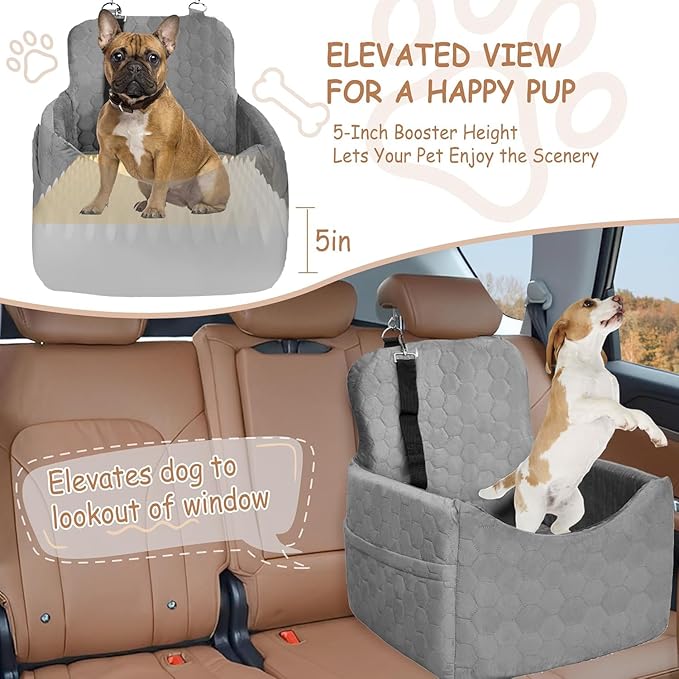 Dog Car Seat for Small/Medium Dogs - Dog Booster Seat with Safety Straps & Non-Slip Base, Travel Pet Car Seat with Storage Pockets, Washable & Removable, Suitable for Dogs Under 35 lbs (Gray)
