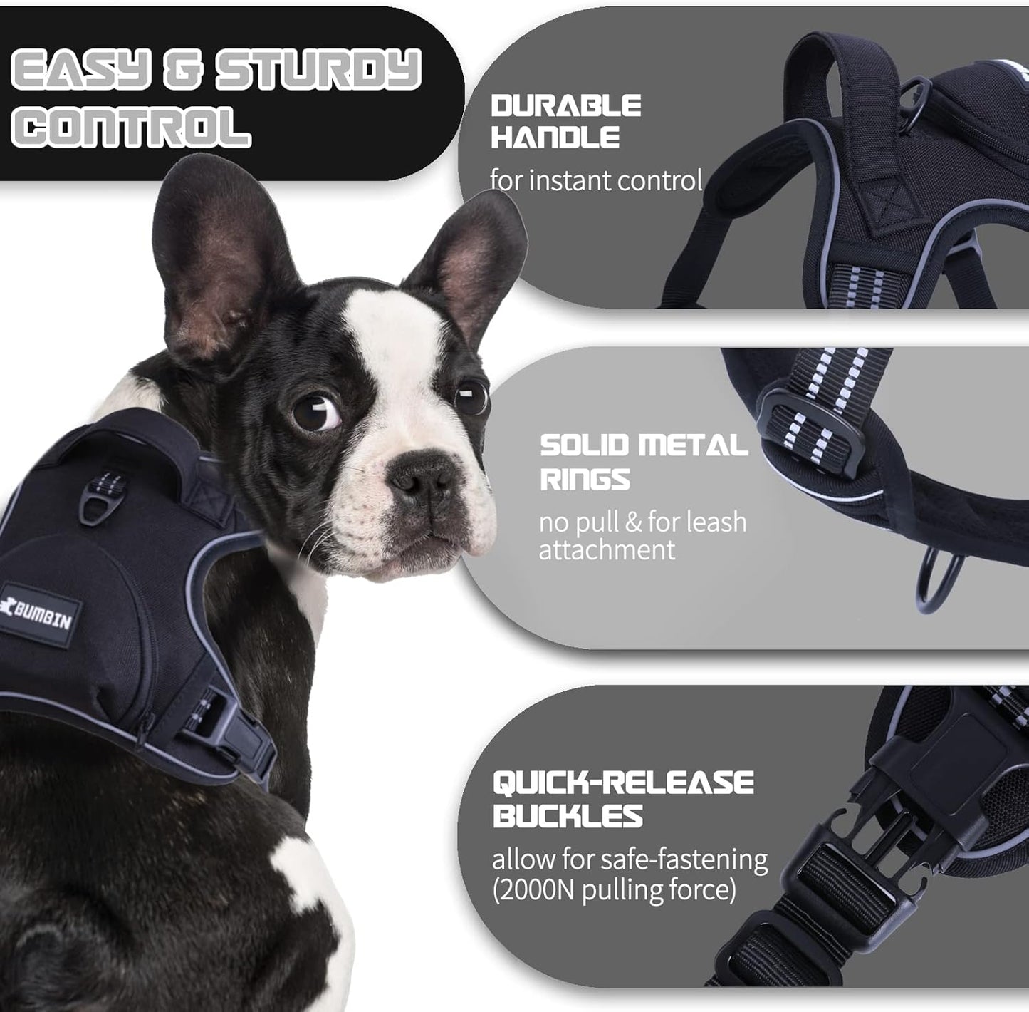 No Pull Dog Harness for Medium Dogs, Adjustable No Choke Pet Vest with Dog Leash Fit Smart Reflective Pet Walking Harness for Training Easy Control Soft Handle Black L