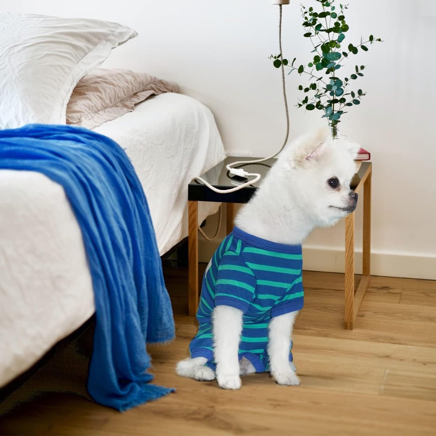 TONY HOBY Dog Pajamas for Medium Small Dogs, Dog Jumpsuit with Stripes 4 Legged Pajamas, Soft Dogs Pet Clothes (Blue&Green, Girl, L)