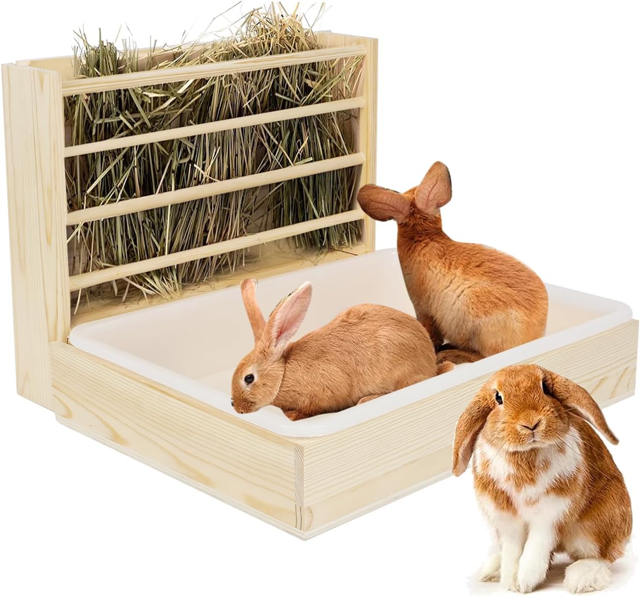 2 in 1 Wooden Rabbit Hay Feeder Box Safe Bunny Feeder Manger Grass Food Holder Rack Hay Holder with Toilet Rabbit Hay Feeder with Litter Pan Designed for Rabbits Guinea Pig Hamster Small Animals