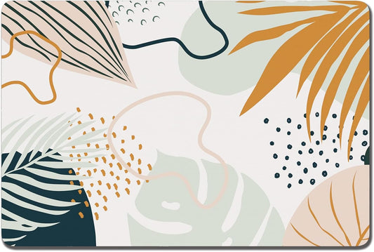 Rnivvi Dog Food Mat, 16" x 24" Boho Absorbent Dog Cat Bowl Mat for Food and Water, Cute Anti-Slip Rubber Pet Feeding Rug Protect Floors, Puppy Placemat for Feeding & Watering Supplies, Tropical Leaves