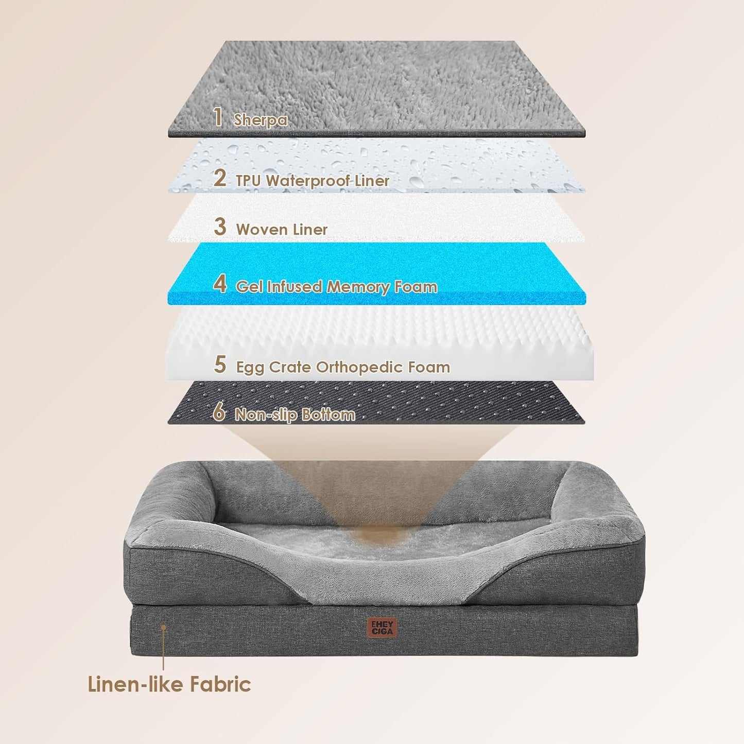 EHEYCIGA Memory Foam XXL Dog Bed for XLarge Sized, Extra Large Orthopedic Dog Sofa with Sides and Waterproof Liner, Washable Bolster Pet Couch with Removable Cover, 52x41x8 Inch, Grey