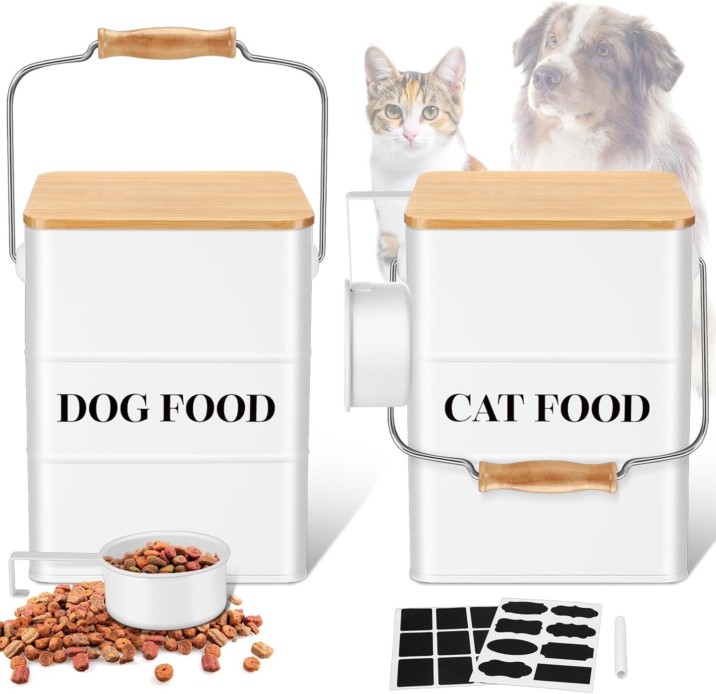 Tioncy 2 Pcs Metal Dog and Cat Food Storage Containers Big Pet Food Containers with Bamboo Lids and Spoon Airtight 5-7 Lbs Dog Cat Treat Snack Jars with DIY Labels for Kitchen Counter(White)