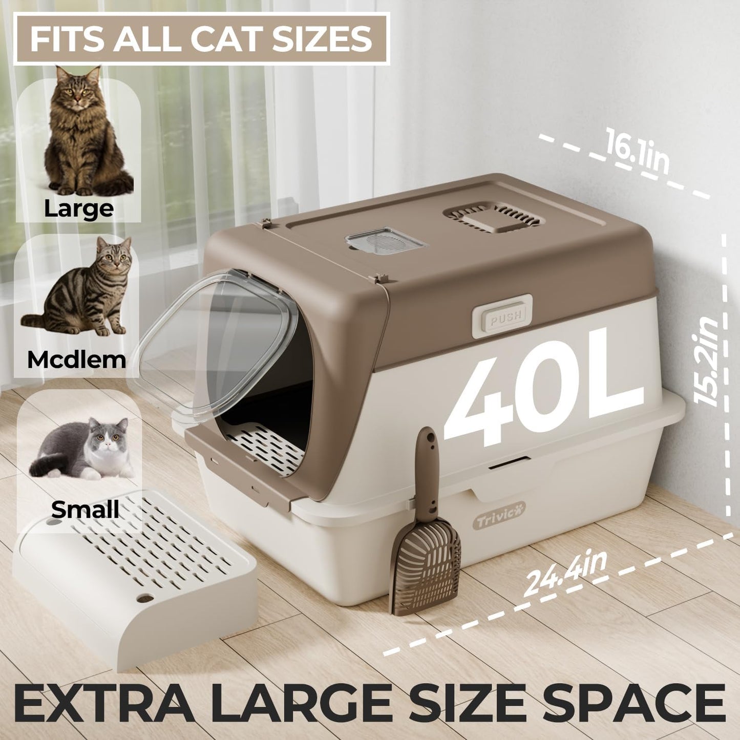Stainless Steel Cat Litter Box with Lid, XX-Large Extra Large Litter Boxes for Large Cats,Enclosed Removable Metal Kitty Litter Box with High Sided,Magnetic Door,40L Box, Litter Trap Step/Mat