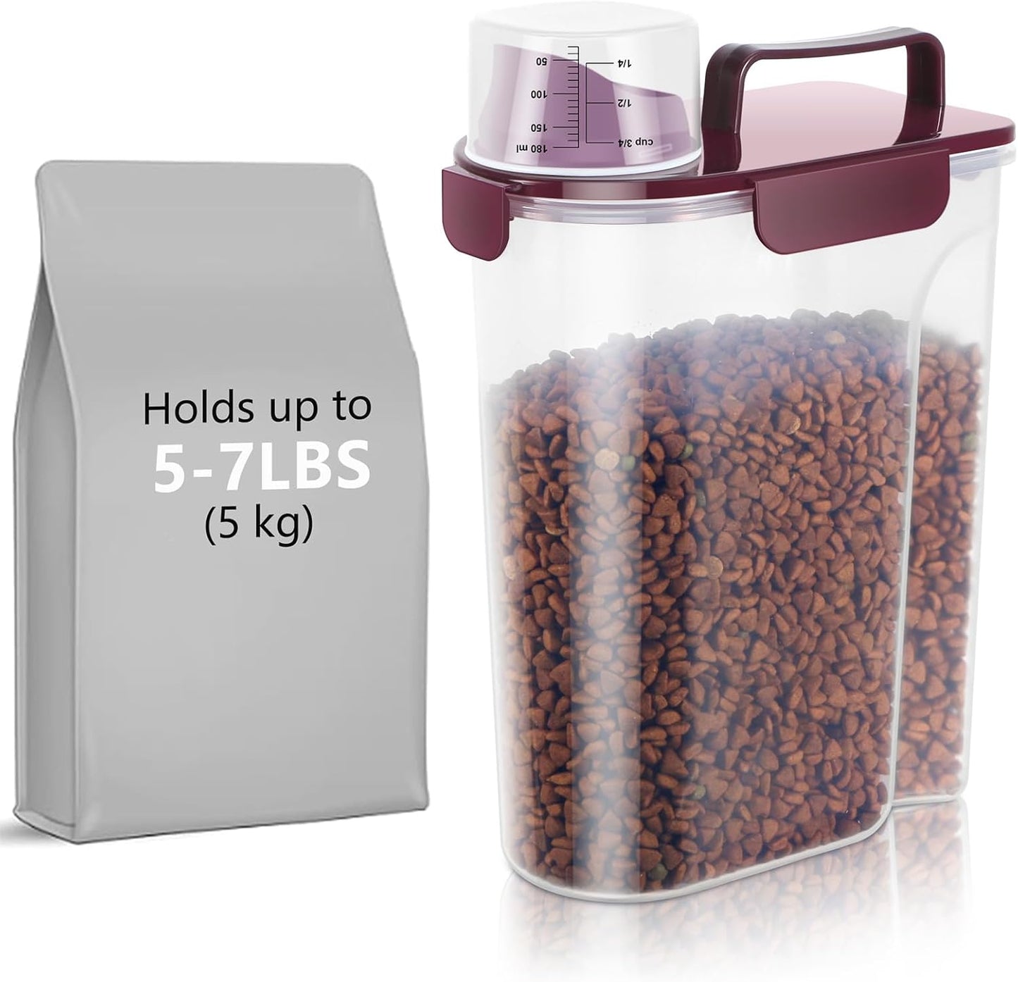 5Lbs/6Qt Airtight Pet Storage Container Translucent Body, Upgraded Large Nozzle With Handle Design For Cat Dog Bird Food and for Small Animal Kibble, Oatmeal, Rice, Flour, Brown Sugart-Purple