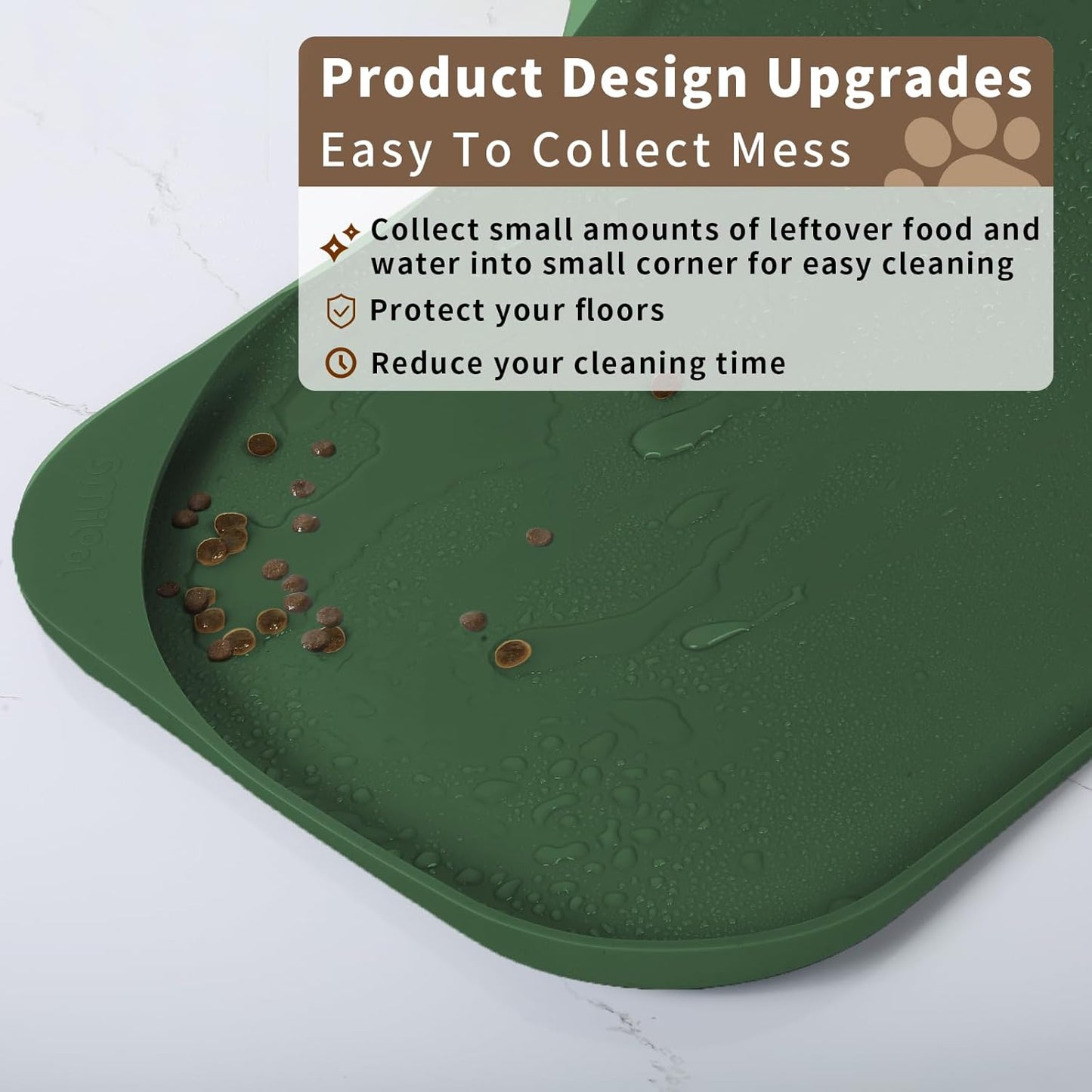 Silicone Pet Feeding Mat with Raised Edge & Residue Collection Pocket for Food and Water, Dog Bowl Mats, Cat Bowls Placemat with High Lip for Floor Waterproof, 24 x 16 x 0.8 Dark Olive