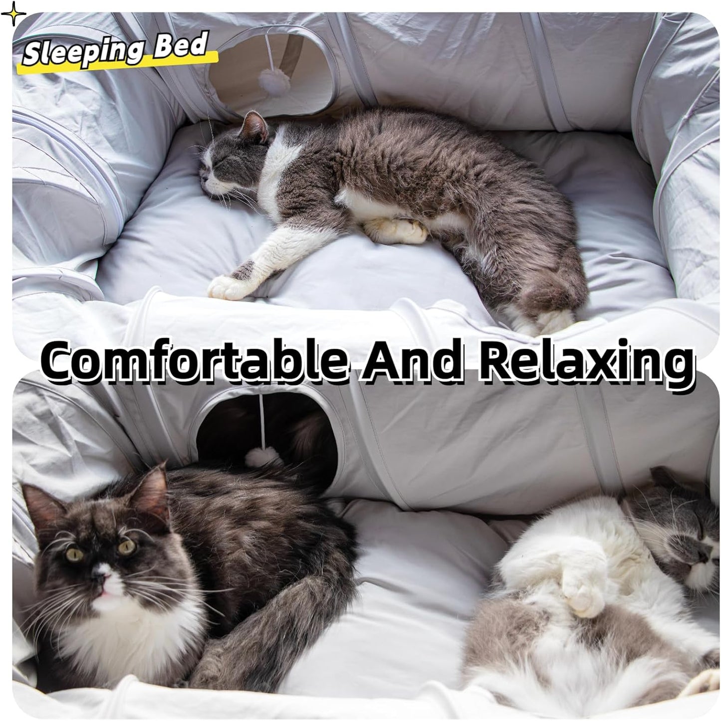 XxingSheep 4 Ways Shuttled XL Cat Tunnel Bed for Indoor Cats Peekaboo Cat Cave Donut with Cool Mat