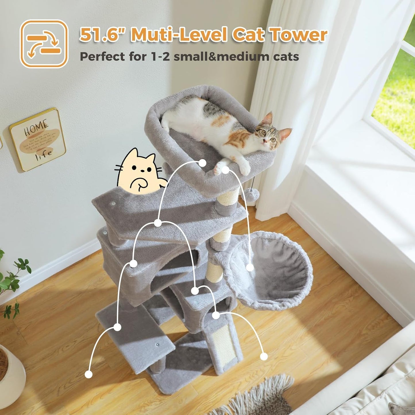 PAWZ Road Cat Tree, 51.6 Inches Cat Tower with Dual Condos, Spacious Perch, Cozy Basket and Sisal-Covered Scratching Posts for Indoor Cats- Gray