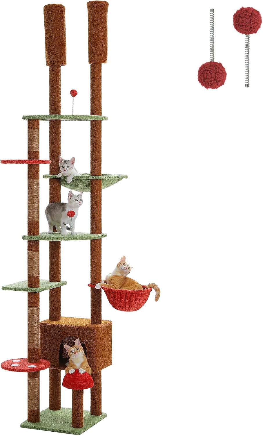 PEQULTI Mushroom Cat Tree Floor to Ceiling Cat Tower Adjustable Height (90.5''-100.4'' = 230cm-252cm) with Cat Condo, Cozy Hammock and Scratching Post, Tall Activity Tree for Indoor Cats, Brown