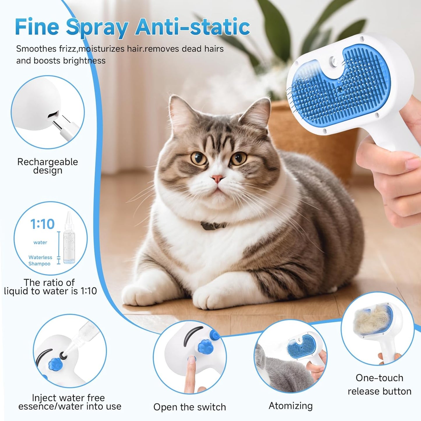 Pet Steam Brush for Dog & Cat - 3-in-1 Steam Grooming Brush for Shedding & Hair Removal - Self Cleaning Spray Comb with Mist for Long Haired Pets - Includes 1*Waterless Shampoo, Blue