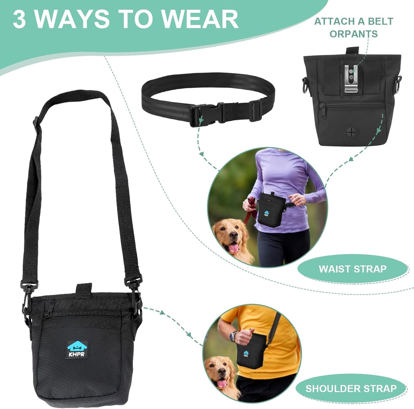 Dog Treat Pouch Magnetic Closure with Training Clicker，Hands-Free Design to Prevent Spills，Built in Poop Bag Dispenser，3 Ways To Wear，Metal Clip Waist Belt and Fanny Pack for Pet Walking（Black）