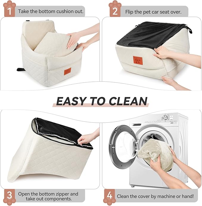 Dog Car Seat for Small/Medium Dogs, Dog Booster Car Seats with Thick Cushion for Dogs Under 35lbs, Detachable Washable Pet Carseat with Storage Pockets, 2 Safety Belts(Beige)