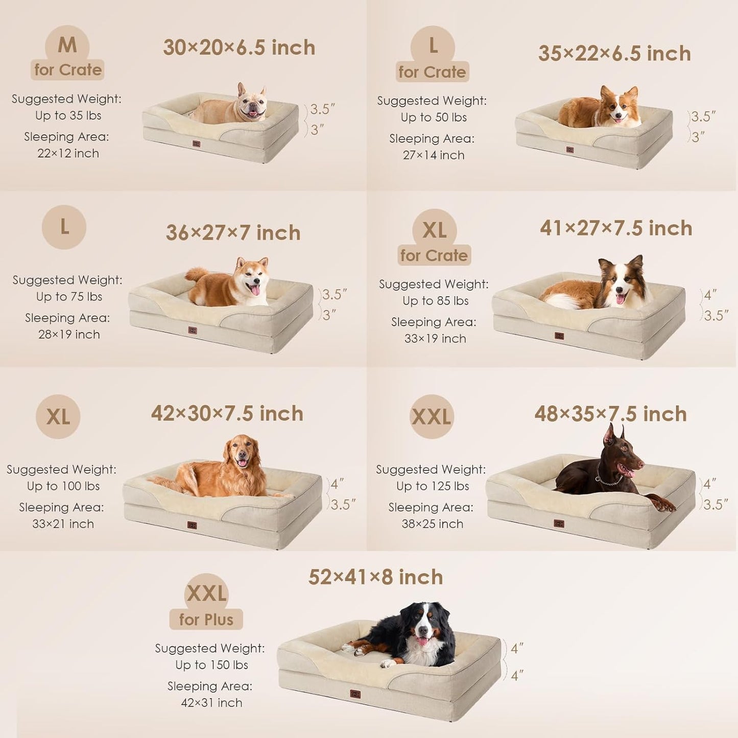 EHEYCIGA Memory Foam Dog Bed for Large Sized, Orthopedic Dog Sofa with Sides and Waterproof Liner, Washable Bolster Pet Bed Couch with Removable Cover, 36x27x7 Inch, Beige