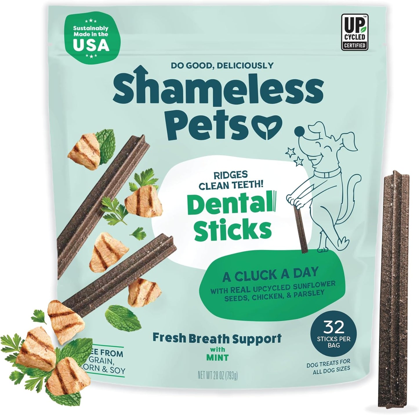 Shameless Pets Dental Treats for Dogs, A Cluck A Day (32 Sticks) - Supports Digestion for Teeth Cleaning & Fresh Breath - Dog Bones Dental Chews Free from Grain, Corn & Soy