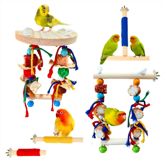 Bird Perches,Natural Wood Birds Stand Branch with Chew Toys,Parakeet Parrot Perch for Cage, Bird Cage Chew Toy & Hanging Toy for Cockatiels Lovebirds Budgies