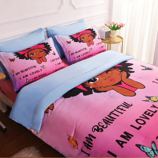 7 Piece Black Girls Magic Comforter Sets Full Size African American Girl Bedding Set Bed in A Bag for Girls Kids Teens Inspirational Quotes Pink Blue Quilts Room Decor